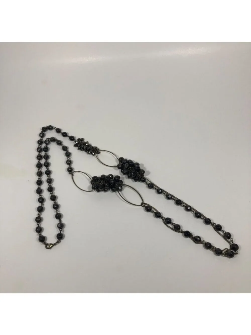 Black Faceted Bead Cluster Statement Necklace Long Antique Gold Tone 38 inch
